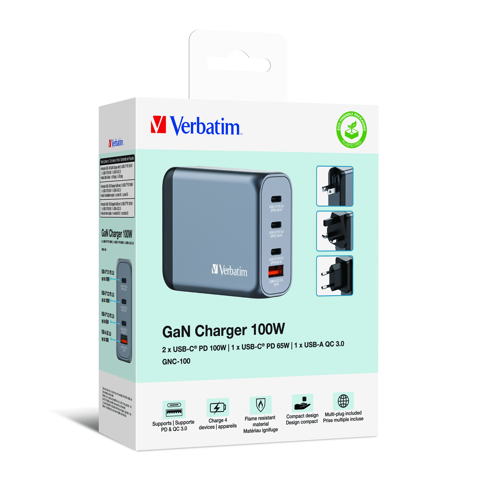 VERBATIM GNC-100 GAN CHARGER 4 PORT 100W USB A/C 1 VERBATIM GNC-100 GAN CHARGER 4 PORT 100W USB A/C